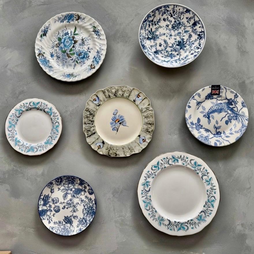 Vintage Mixed Wall Plate Gallery Set Of 7 — Italian Faenza Garofano, Riviera Japan, Royal Albert, Foley, Queen’s Finland & Blue Onion