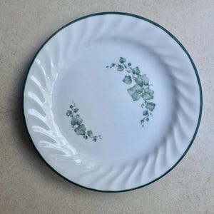 May include: A round white ceramic plate featuring a dark green rim and a subtle spiral-textured edge. The center of the plate is decorated with two clusters of green ivy leaves arranged in a curved pattern across the surface.