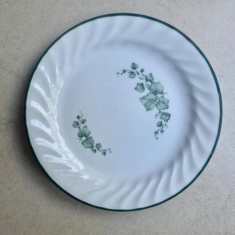 May include: A round white ceramic plate featuring a dark green rim and a subtle spiral-textured edge. The center of the plate is decorated with two clusters of green ivy leaves arranged in a curved pattern across the surface.