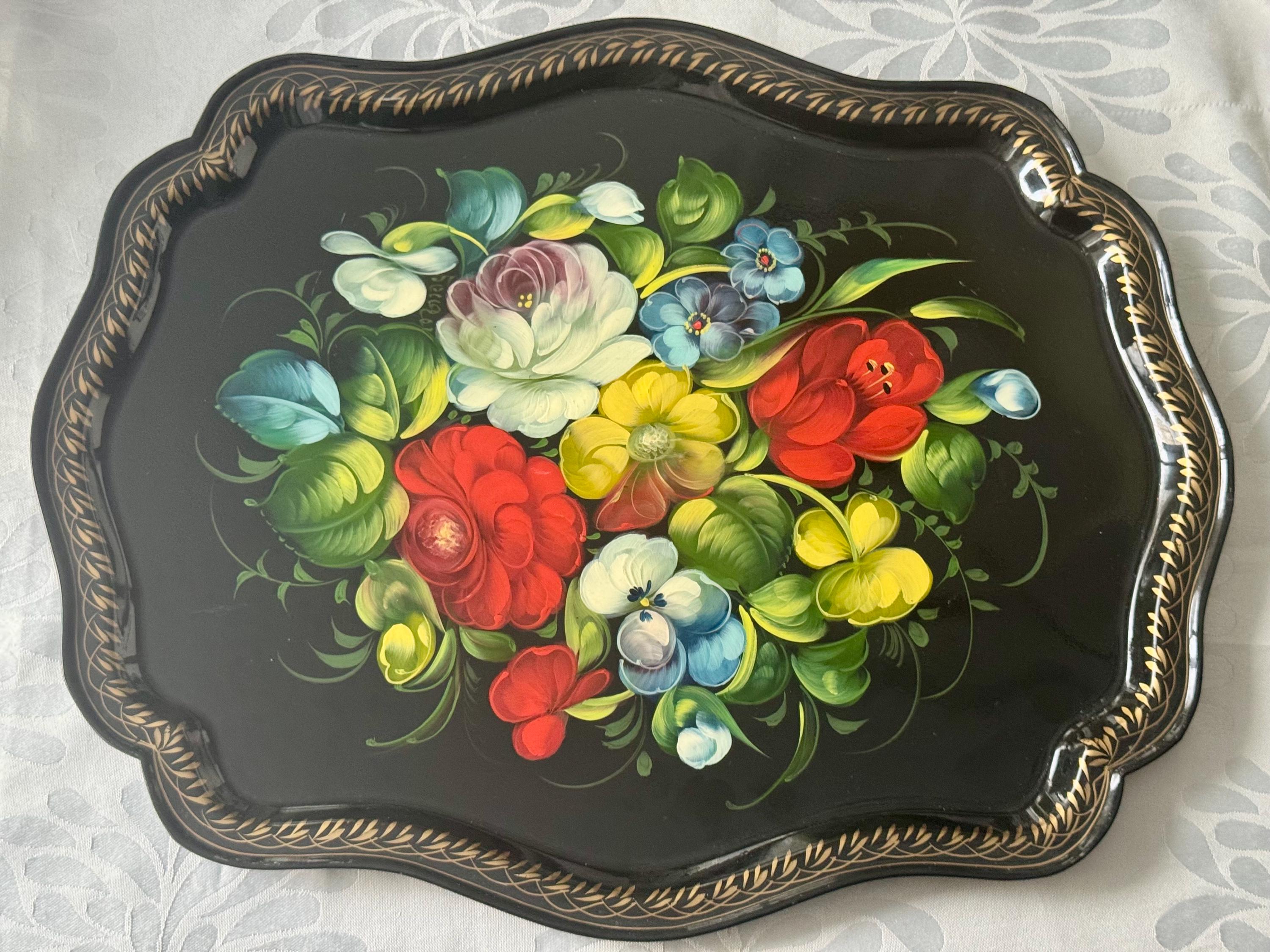 Vintage Soviet Hand-Painted Floral Tray – Zhostovo Style – Black Lacquer Metal – USSR Folk Art