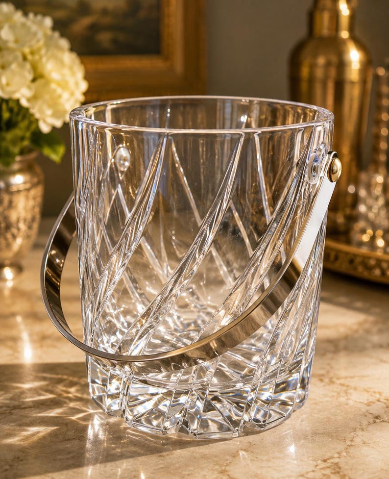 May include: A clear glass ice bucket featuring a deep, crisscross geometric cut pattern across its exterior. The bucket includes a polished silver-tone metal swing handle attached to the sides with circular hardware, creating a functional design.