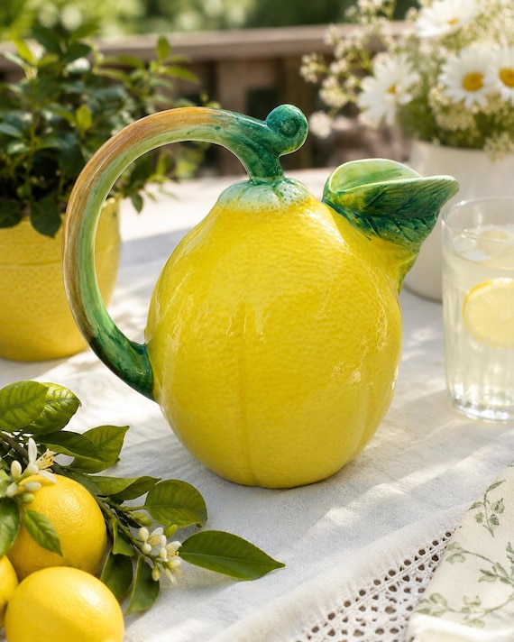 Vintage Haldon Group Italian Ceramic Lemon Pitcher – Made in Italy – Majolica Fruit Jug – 8” Lemonade Pitcher – Tuscan Kitchen Décor