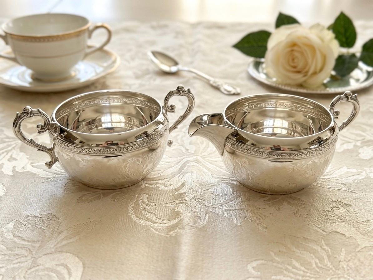 Vintage Silverplate Creamer Sugar Set – Ornate Victorian Mid-Century Styles