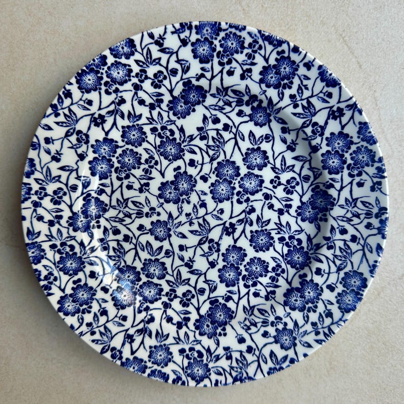 May include: A round ceramic plate featuring a dense, repeating pattern of small blue flowers and thin, winding stems against a white background. The floral design covers the entire surface of the plate, extending from the center to the rim.