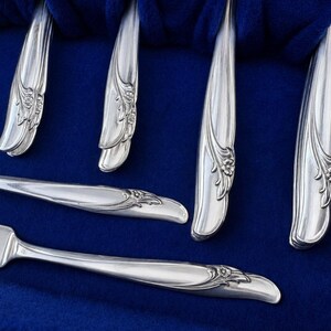 May include: A set of silver-toned flatware pieces featuring a polished finish and a decorative embossed floral motif on the handles. The utensils are arranged in a parallel and overlapping pattern against a deep blue velvet-textured lining.