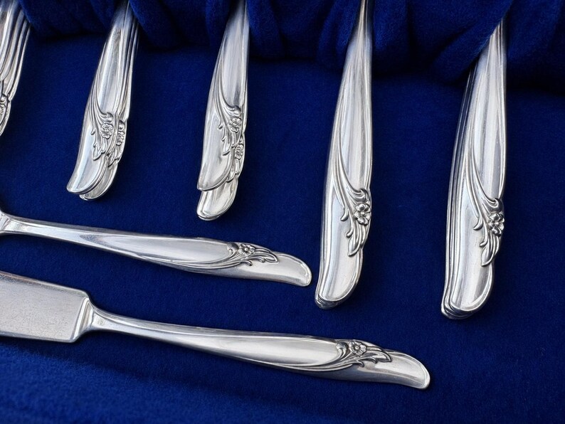 May include: A set of silver-toned flatware pieces featuring a polished finish and a decorative embossed floral motif on the handles. The utensils are arranged in a parallel and overlapping pattern against a deep blue velvet-textured lining.