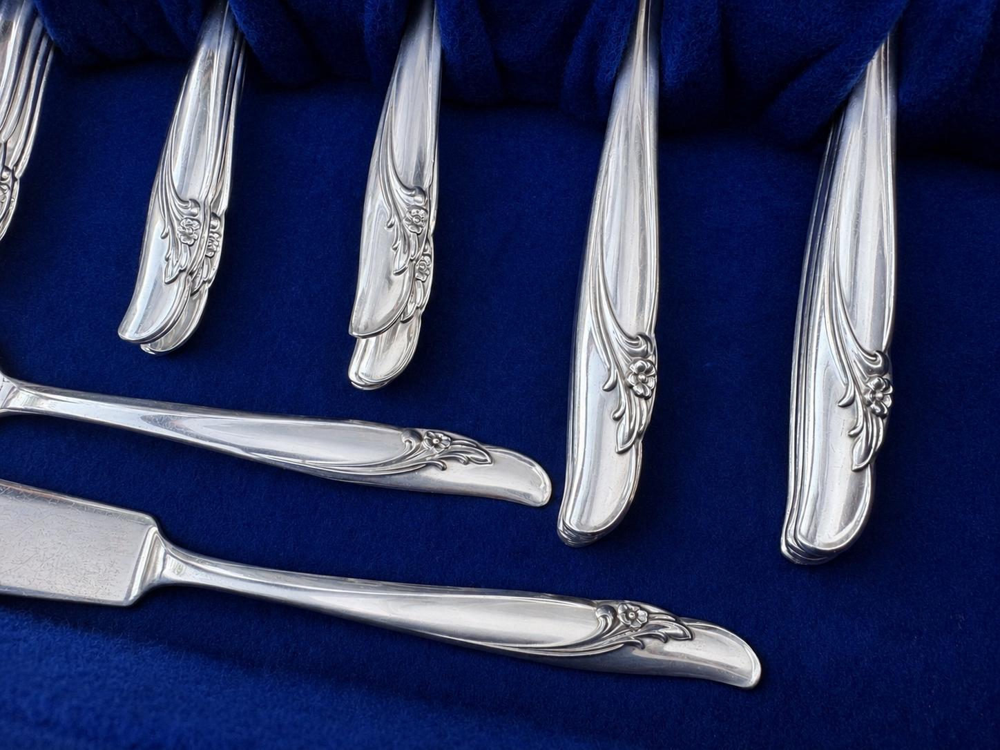 Exquisite 1957 International Silver Silverplate — Complete  Set for 8 — Vintage Floral Silverware Set (44 items)