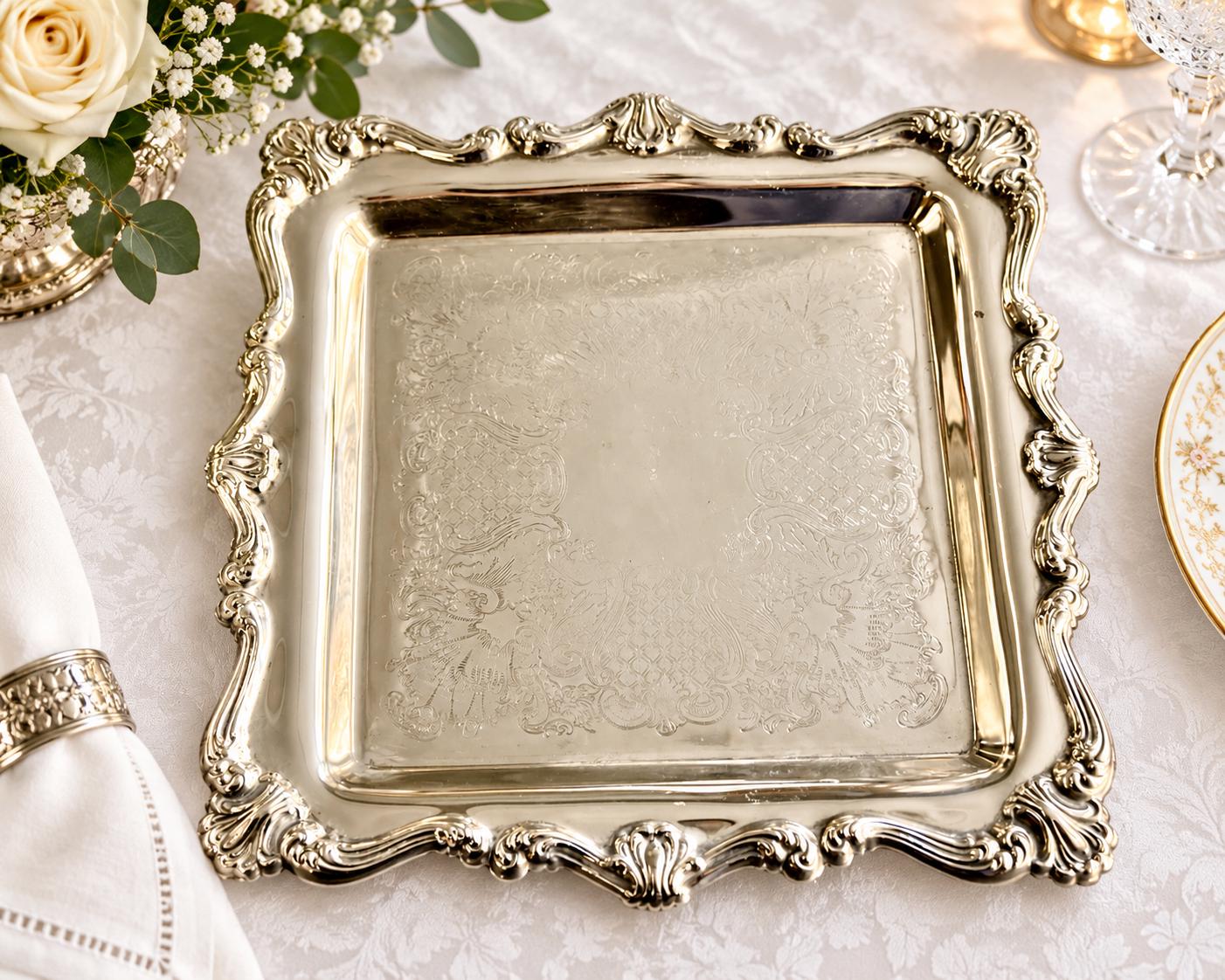 Vintage & Antique Rectangular or Square Silverplate Serving Trays — Ornate Decorative Trays — Choose Your Style