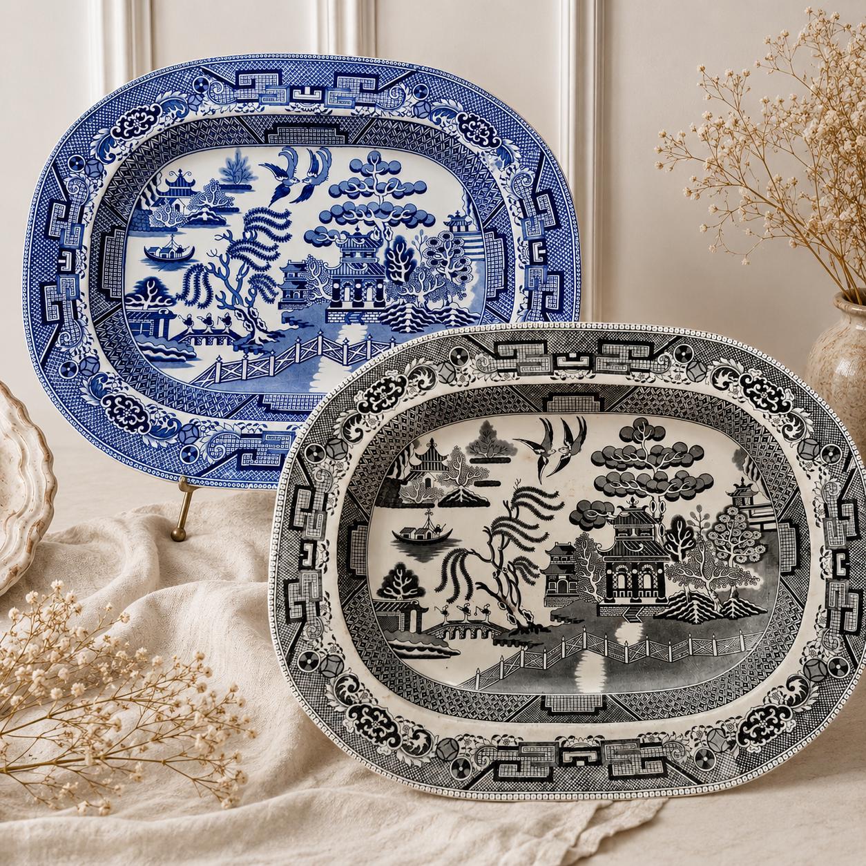 Antique Willow Pattern Transferware Platters – 17.75″ – J & G Meakin Blue Willow – Sold Individually