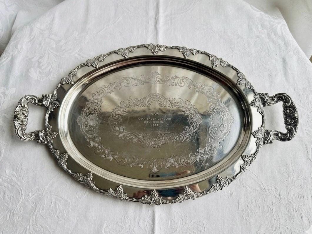 Vintage Silver Plated Serving Tray – Ornate Handled & Footed – Bar Cart Vanity Tablescape – Sold Individually