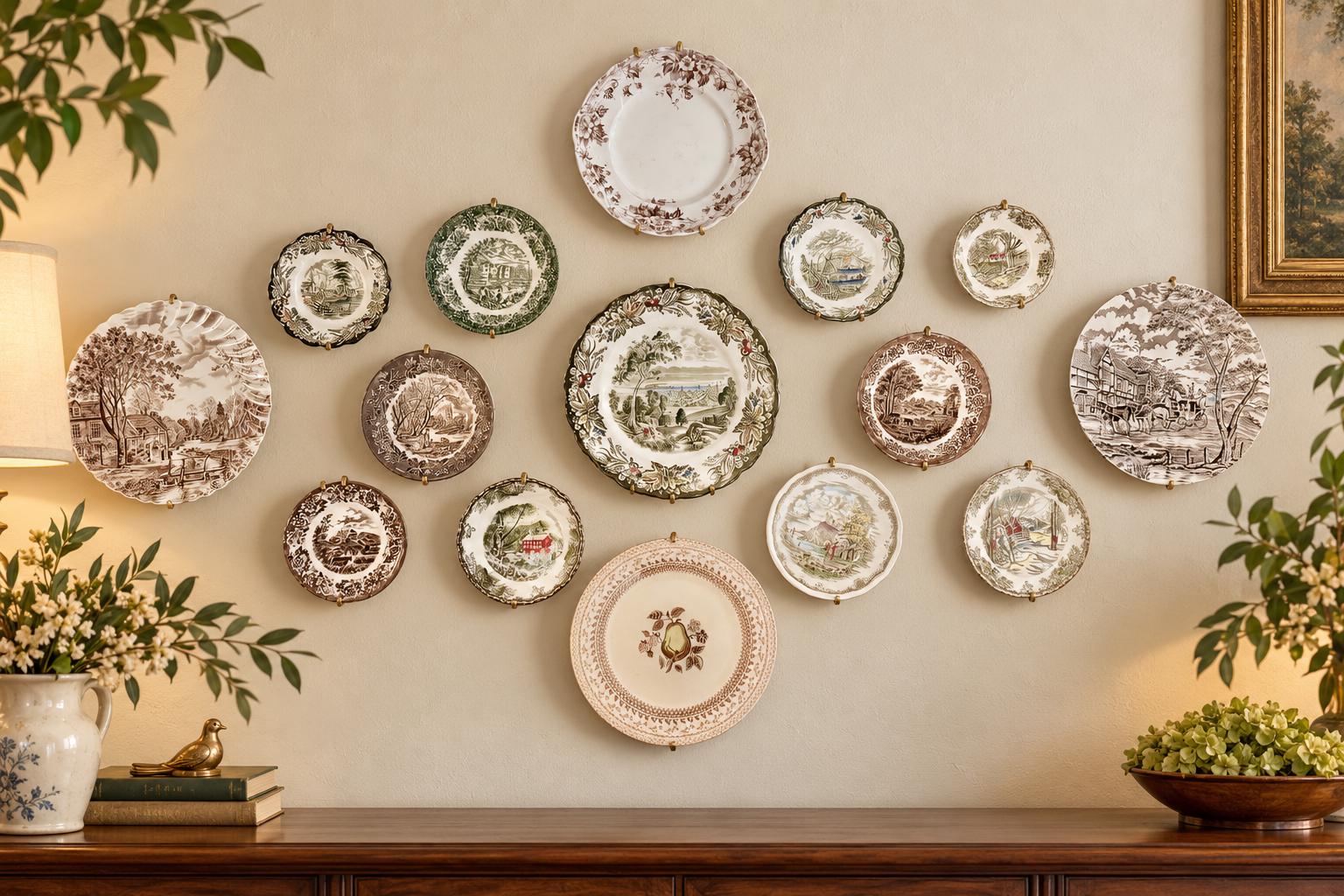 Gallery Wall Mismatched Set - England Farm Scenes in Brown & Green — 15 Plates