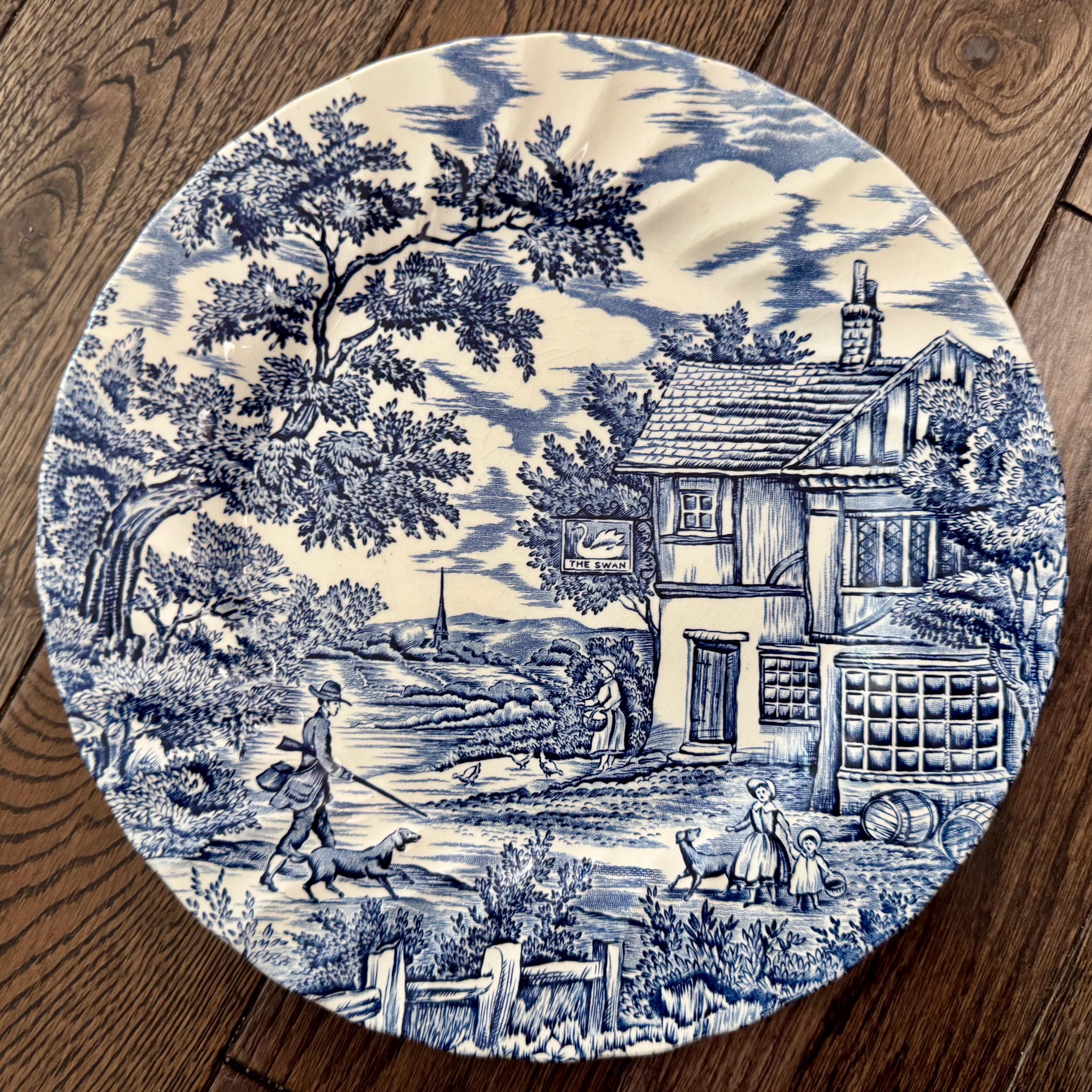 Vintage Blue & White Transferware Plate Set – English Countryside Scenes, Set of 4