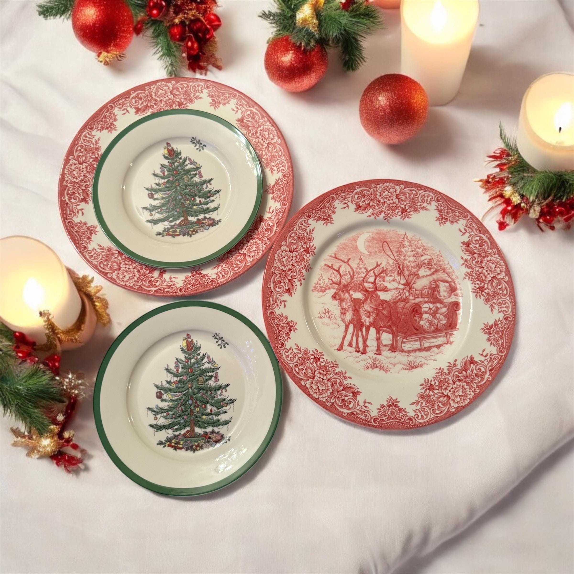 Transferware Christmas Plates — Santa's Sleigh & Spode Tree