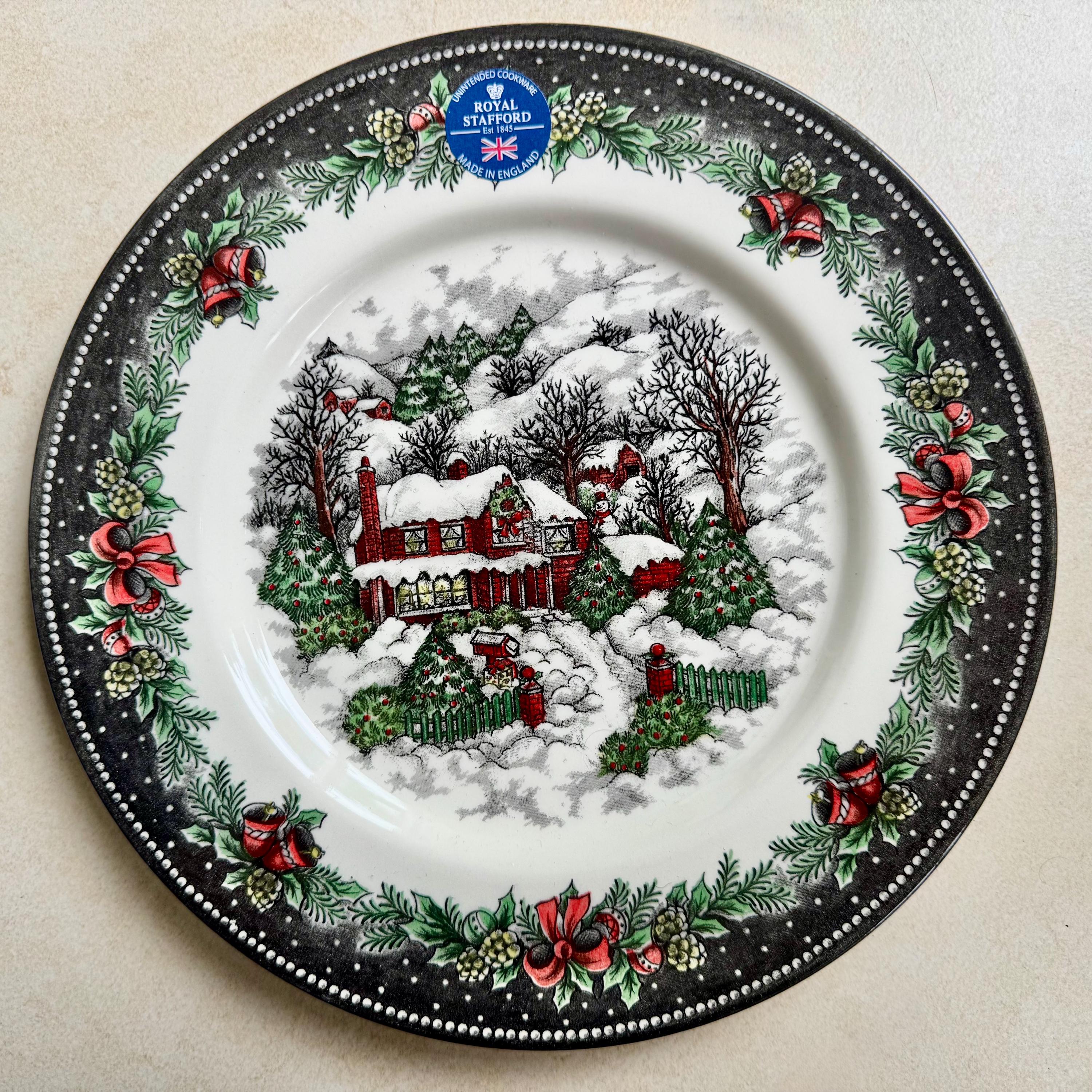 Vintage Style Transferware - Dinner Plates 11” - Royal Stafford England - Christmas Eve Santa