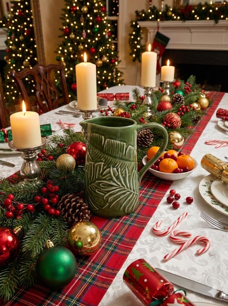 Green Ceramic Embossed Pitcher – Holiday Floral Display Vase - Made in Portugal