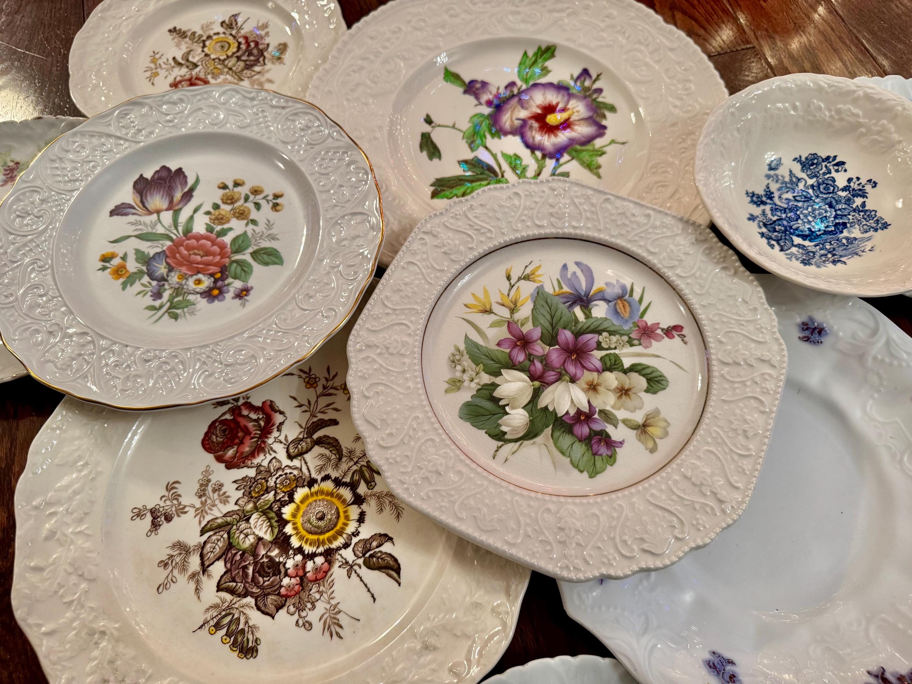 Vintage Floral Plate Wall Gallery Set of 5, Mason’s & Mismatched Porcelain Plates, Botanical Wall Decor
