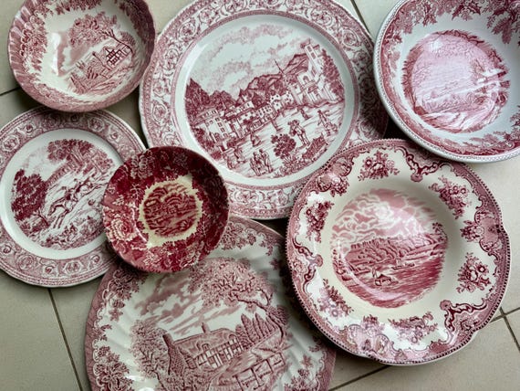 Vintage Red Transferware Plate Set – Country Village Scenes, Wall Display