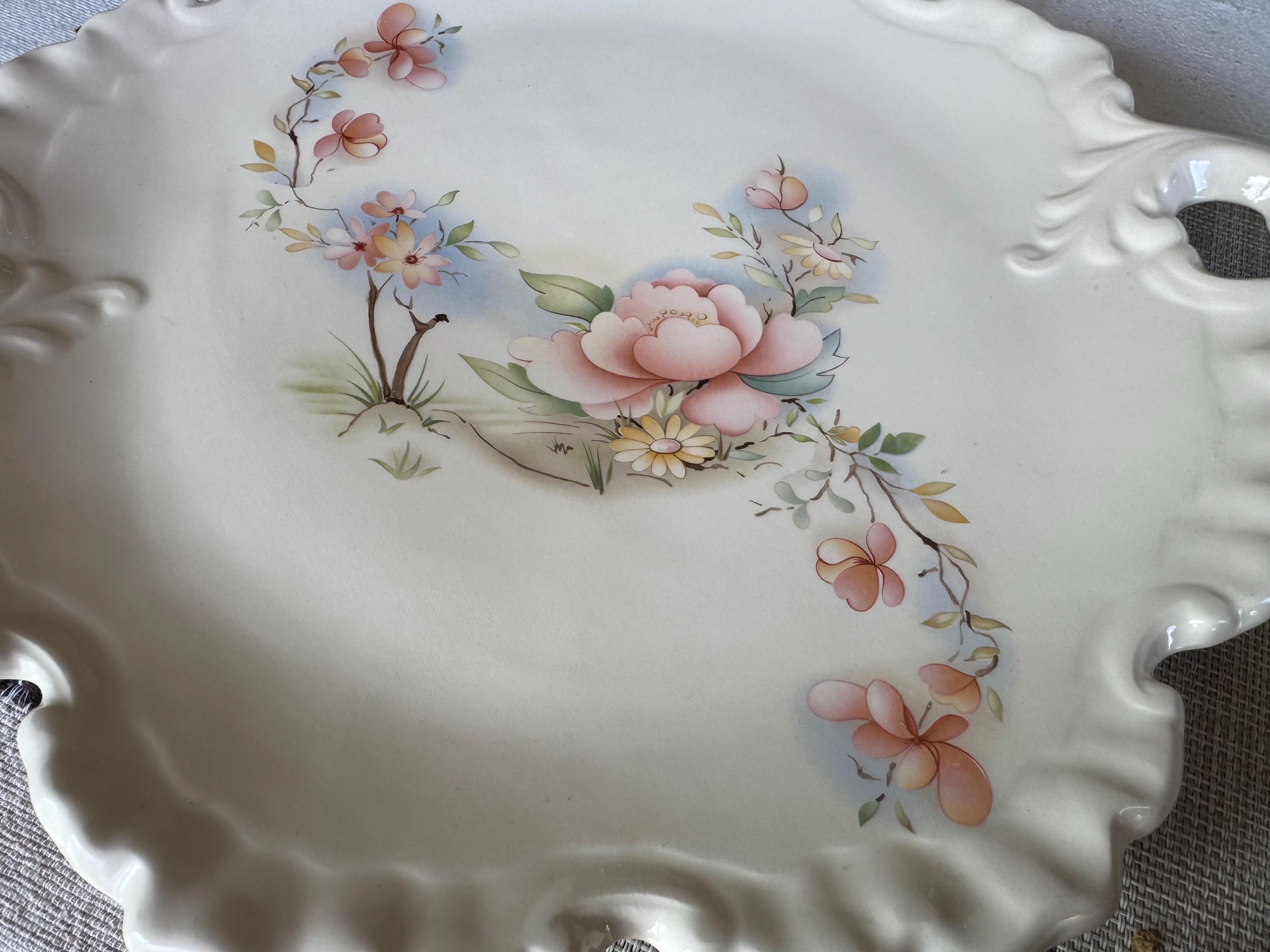 Vintage Japanese Export Floral Handled Tray – Large 16” Pastel Blossom Serving Dish