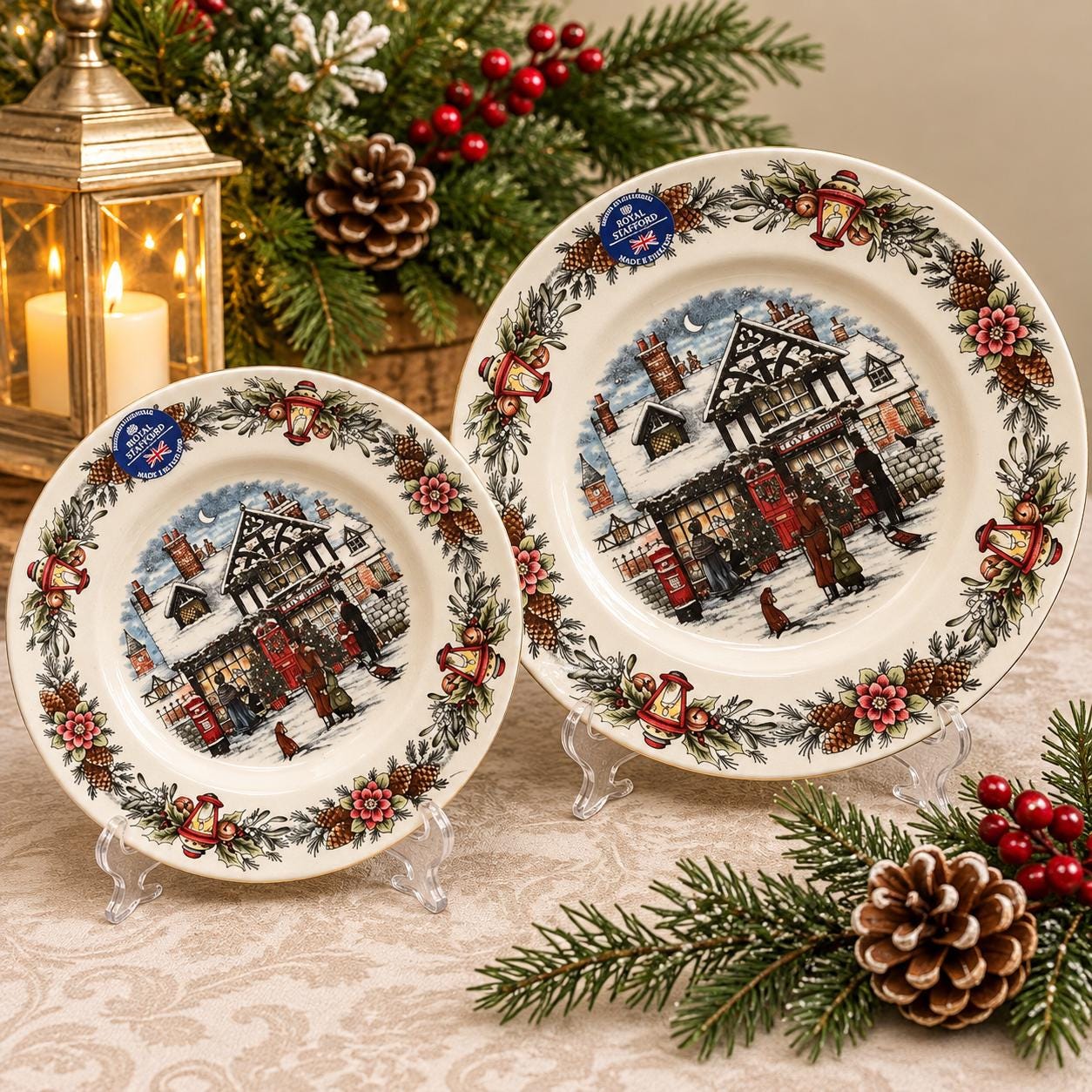 Royal Stafford Christmas Toy Shop Dinner & Salad Plates | English Snowy Village Holiday Tableware | Made in England