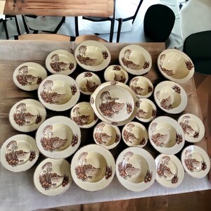 May include: A collection of 18 cream-coloured ceramic plates with brown and green floral designs. The plates are arranged in a circle on a wooden surface.