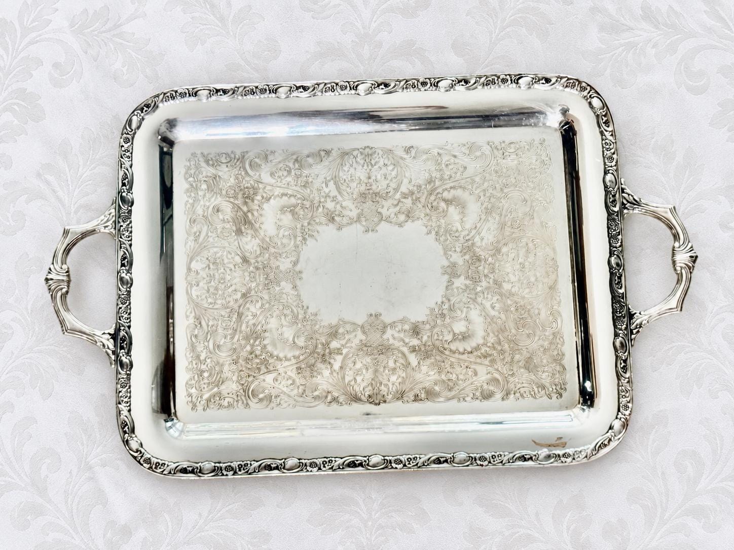 Vintage Silver Plated Serving Tray – Ornate Handled & Footed – Bar Cart Vanity Tablescape – Sold Individually