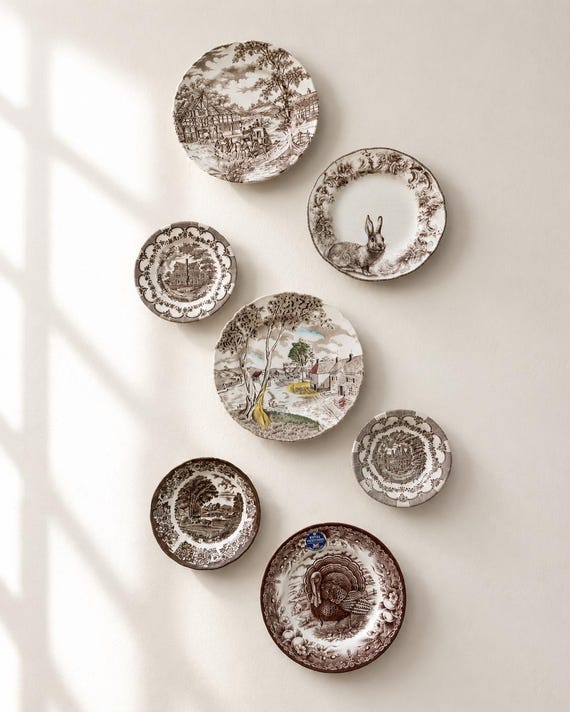 Vintage Brown Transferware Plate Set – Eclectic Gallery Wall Decor