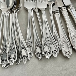 Puede incluir: Una colecci&oacute;n de cubiertos plateados ornamentados, que incluye cucharas, tenedores y cuchillos. Los mangos presentan dise&ntilde;os detallados de flores y volutas. La cuberter&iacute;a est&aacute; dispuesta sobre una superficie gris claro, mostrando la calidad reflectante del metal.