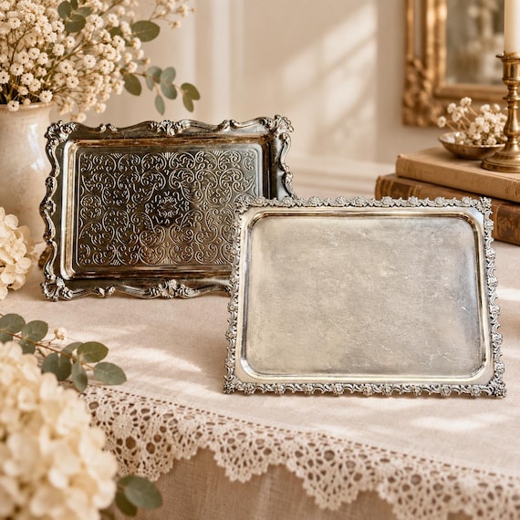 Vintage & Antique Rectangular Silverplate Serving Trays — Ornate Decorative Trays — Choose Your Style
