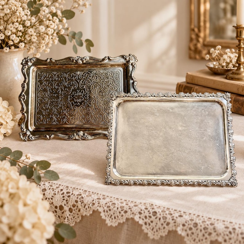 Puede incluir: Dos bandejas rectangulares de color plateado con bordes florales en relieve. La bandeja de atr&aacute;s presenta un intrincado patr&oacute;n de volutas en relieve en el centro, mientras que la bandeja delantera tiene una superficie lisa y reflectante.