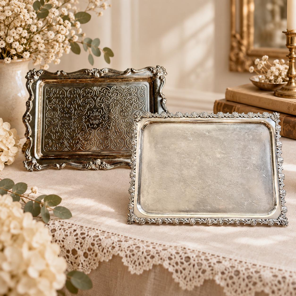 Vintage & Antique Rectangular or Square Silverplate Serving Trays — Ornate Decorative Trays — Choose Your Style