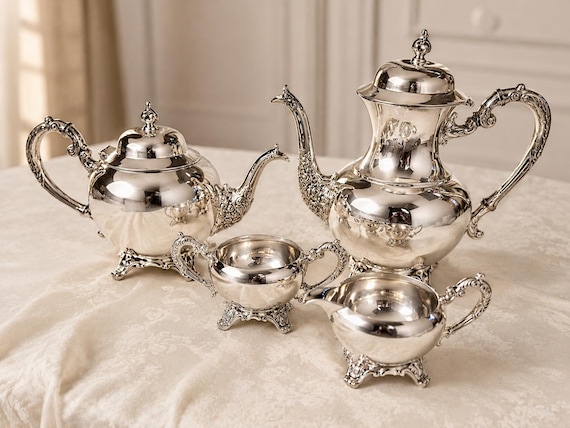 Vintage Wm. A. Rogers Canada Silverplate Tea & Coffee Service – 4 Piece Ornate Footed Set