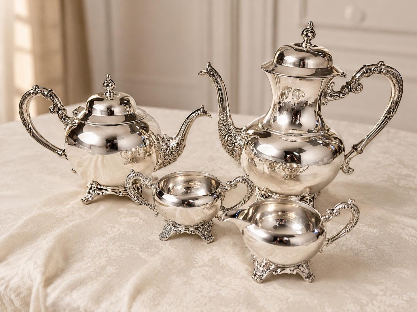 Vintage Wm. A. Rogers Canada Silverplate Tea & Coffee Service – 4 Piece Ornate Footed Set
