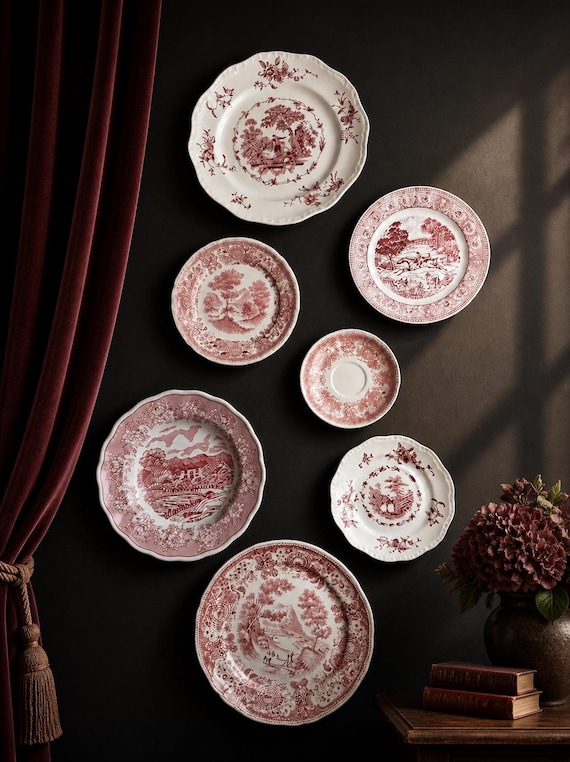 Vintage Red Transferware Plate Collection: English Country Scenery, Set of 7