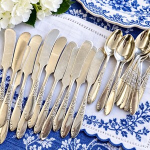May include: A collection of silver-toned flatware including several butter knives and spoons. Each piece features a decorative floral pattern embossed on the handle. The utensils are arranged on a white cloth with blue floral embroidery.