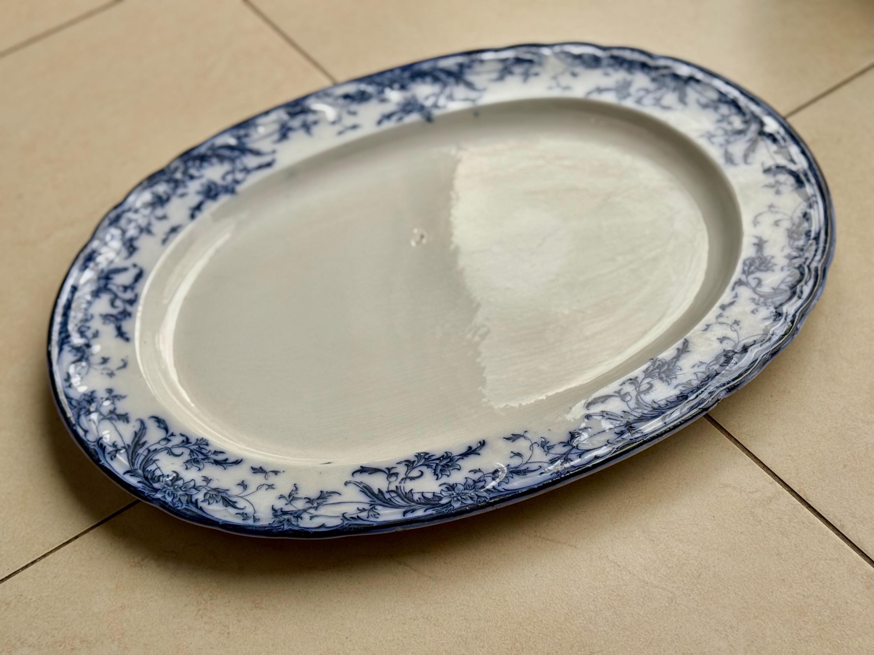 Antique 1880s Bridgwood Son Blue & White Transferware Oval Platter – 18 1/2” x 14 1/2”