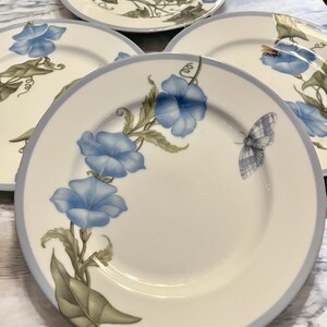 K&ouml;nnte beinhalten: Set aus vier wei&szlig;en Keramikplatten mit hellblauem Rand. Jede Platte zeigt eine detaillierte Illustration von blauen Prunkwindenbl&uuml;ten, gr&uuml;nen Bl&auml;ttern und einem Schmetterling oder Insekt. Die Teller sind auf einer Marmoroberfl&auml;che angeordnet.