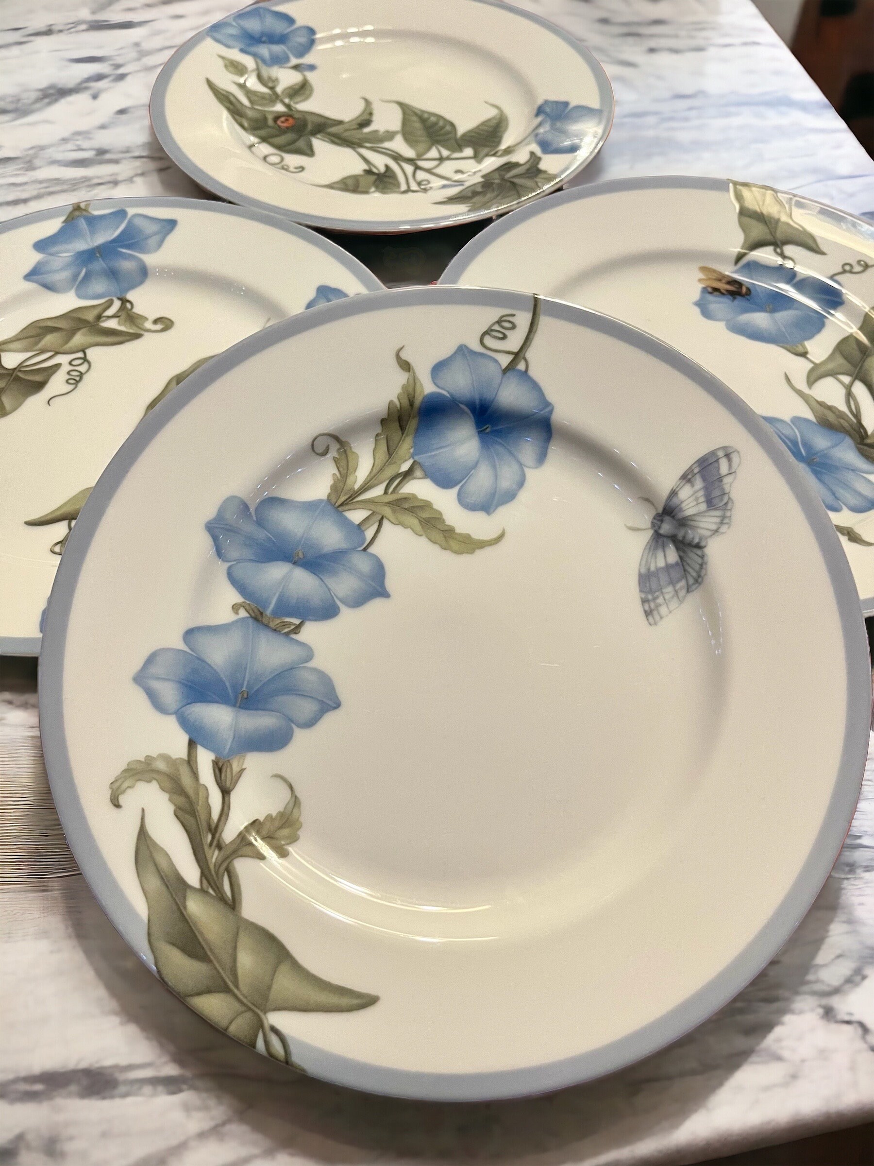 Williams-Sonoma - Set of 4 Salad Plates 8” Spring Blue Flowers & Bugs - Made in Japan