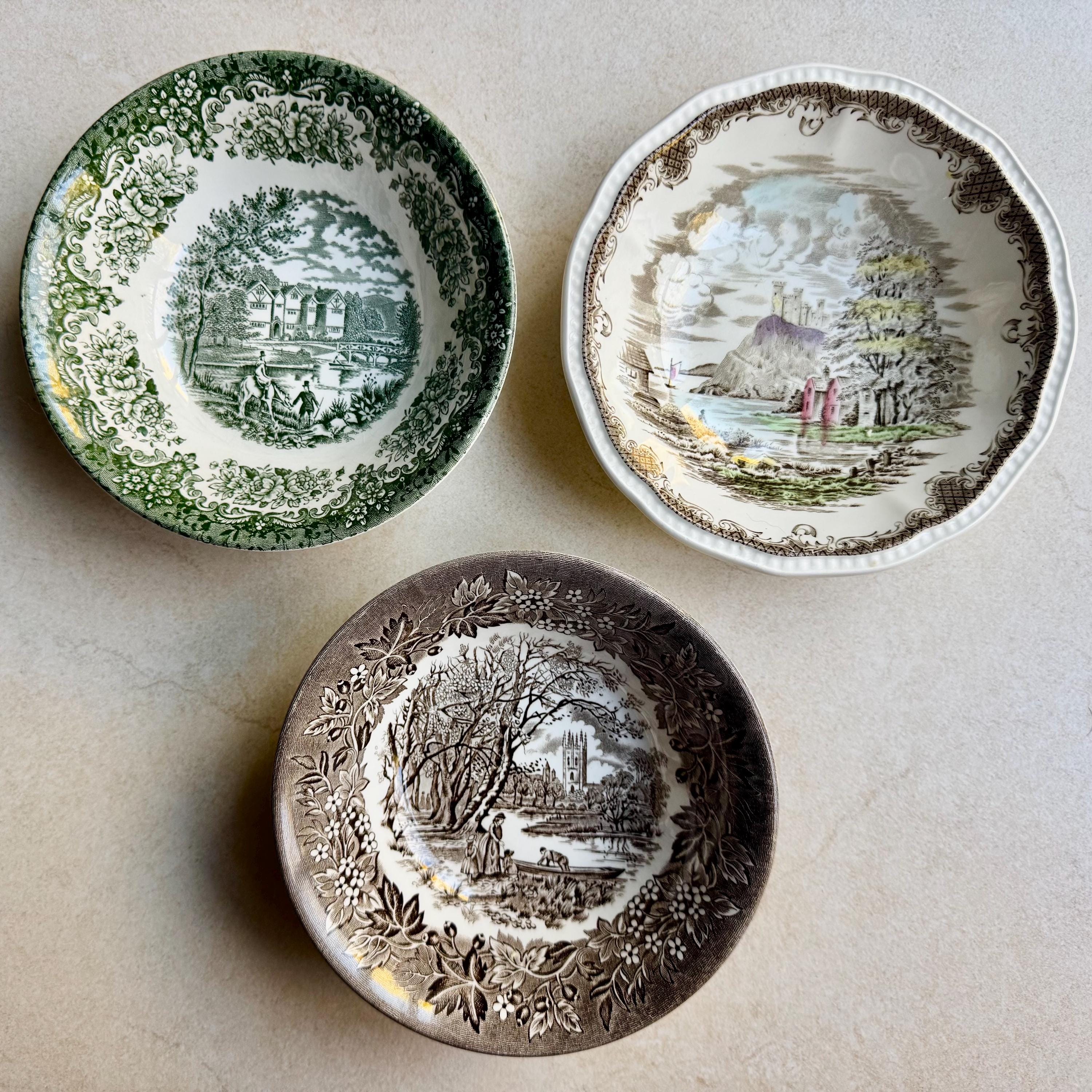 Vintage Scenic Transferware Wall Plates Set of 7, English Country Cottage Gallery Wall Decor