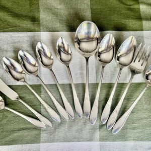 May include: A collection of ten silver-toned stainless steel utensils including one butter knife, one serving spoon, one fork, and seven spoons of varying sizes. Each piece features a smooth, polished finish with a simple, tapered handle design.