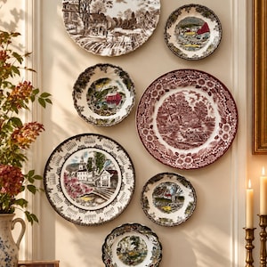 Pode incluir: Uma cole&ccedil;&atilde;o de sete pratos decorativos de cer&acirc;mica montados numa parede, apresentando v&aacute;rias cenas de paisagens em transfer&ecirc;ncias castanhas, vermelhas e multicoloridas. Os pratos variam em tamanho e detalhe de rebordo, incluindo bordos recortados e lisos.
