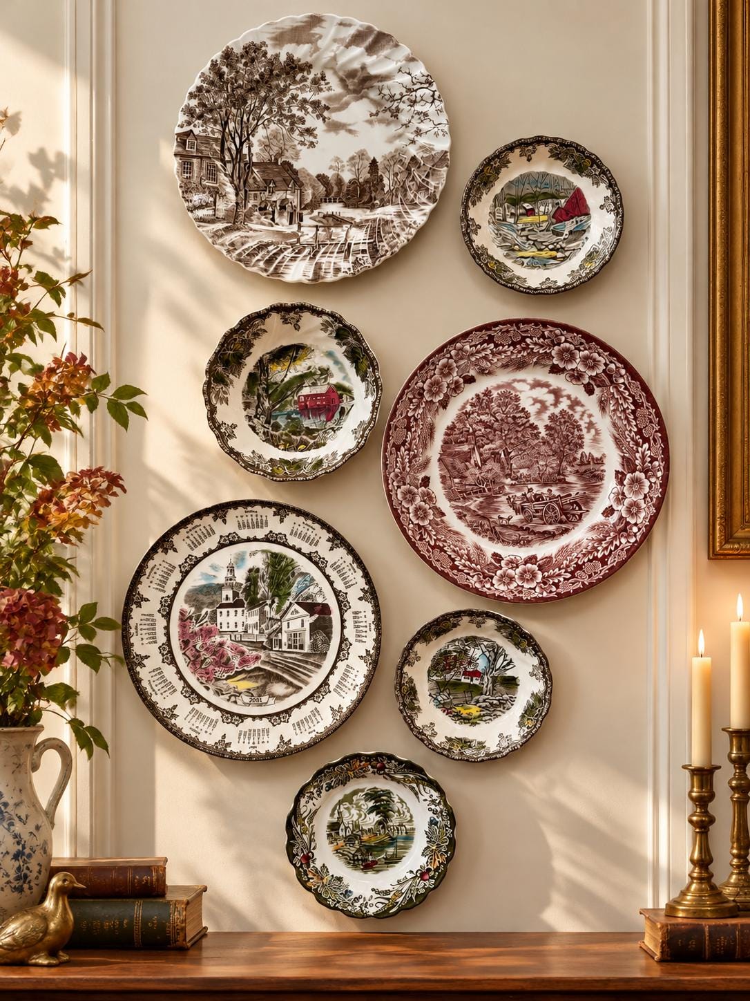 Vintage Scenic Transferware Wall Plates Set of 7, English Country Cottage Gallery Wall Decor