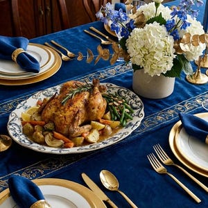 K&ouml;nnte beinhalten: Ein festlich gedeckter Esstisch mit einem gebratenen H&auml;hnchen und Gem&uuml;se auf einer dekorativen Platte. Der Tisch ist mit blauen Servietten, goldger&auml;nderten Tellern und eleganten Gl&auml;sern geschm&uuml;ckt. Ein Blumengesteck und Kerzen vervollst&auml;ndigen die Szene. F&uuml;r einen besonderen Anlass.