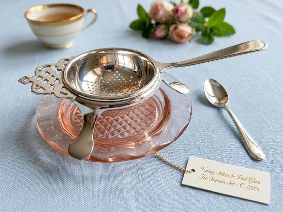 Vintage Sheffield England Silverplate Tea Strainer Set – Pink Glass Drip Dish