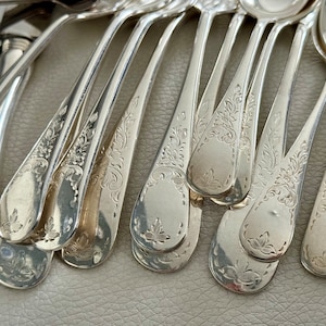 May include: Close-up of a collection of ornate silver spoons. Each spoon features a detailed floral pattern on the handle and bowl. The spoons are arranged in a fan-like pattern, showcasing their elegant design.