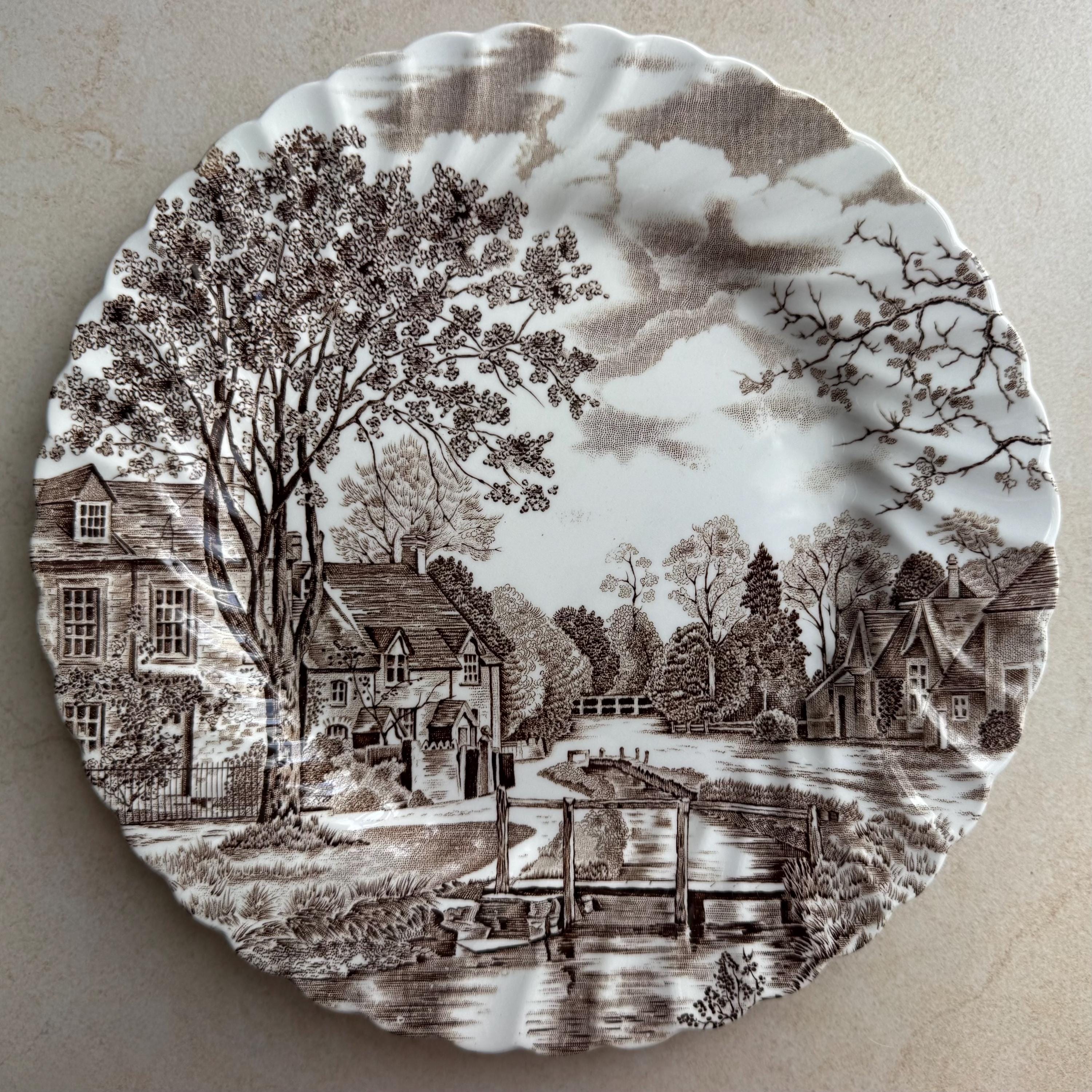 Vintage Scenic Transferware Wall Plates Set of 7, English Country Cottage Gallery Wall Decor