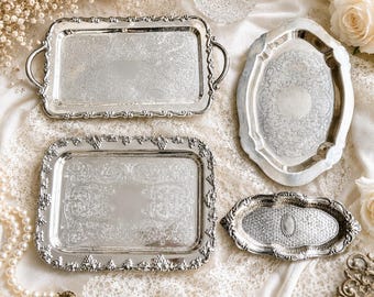 Vintage Silverplate Tray Collection – Rectangular or Oval – Engraved Silver on Copper