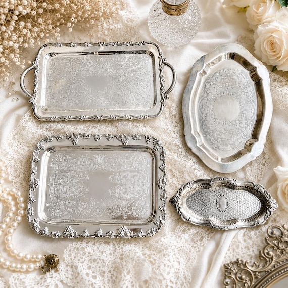 Vintage Silverplate Tray Collection – Rectangular or Oval – Engraved Silver on Copper