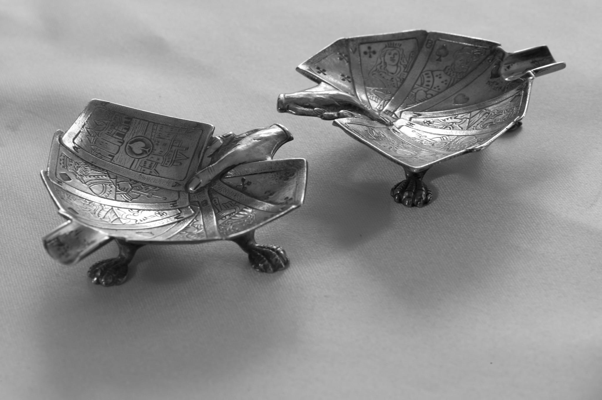 Rare Mid-Century European Sculptural Silver-Plated Playing Card Ashtrays — Pair — c.1950s