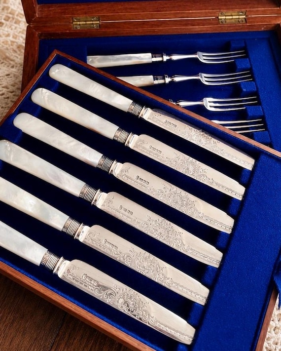Antique Victorian Mother of Pearl Dessert Flatware Set | 12-Piece Cased Fruit Knives & Forks | Sterling Silver Mounts