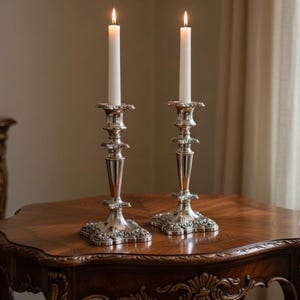 May include: Two silver-toned metal candlesticks with ornate, embossed detailing on the square bases and stems. Each candlestick holds a single, slender, white taper candle with a lit flame, creating a warm glow from the top of each candle.